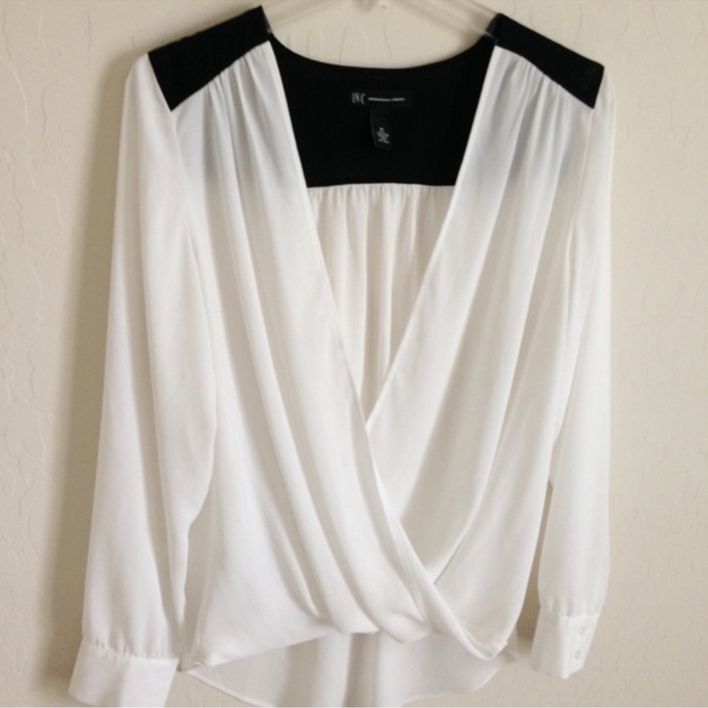 I.N.C International Concepts White Faux Wrap Blouse with Black Accents